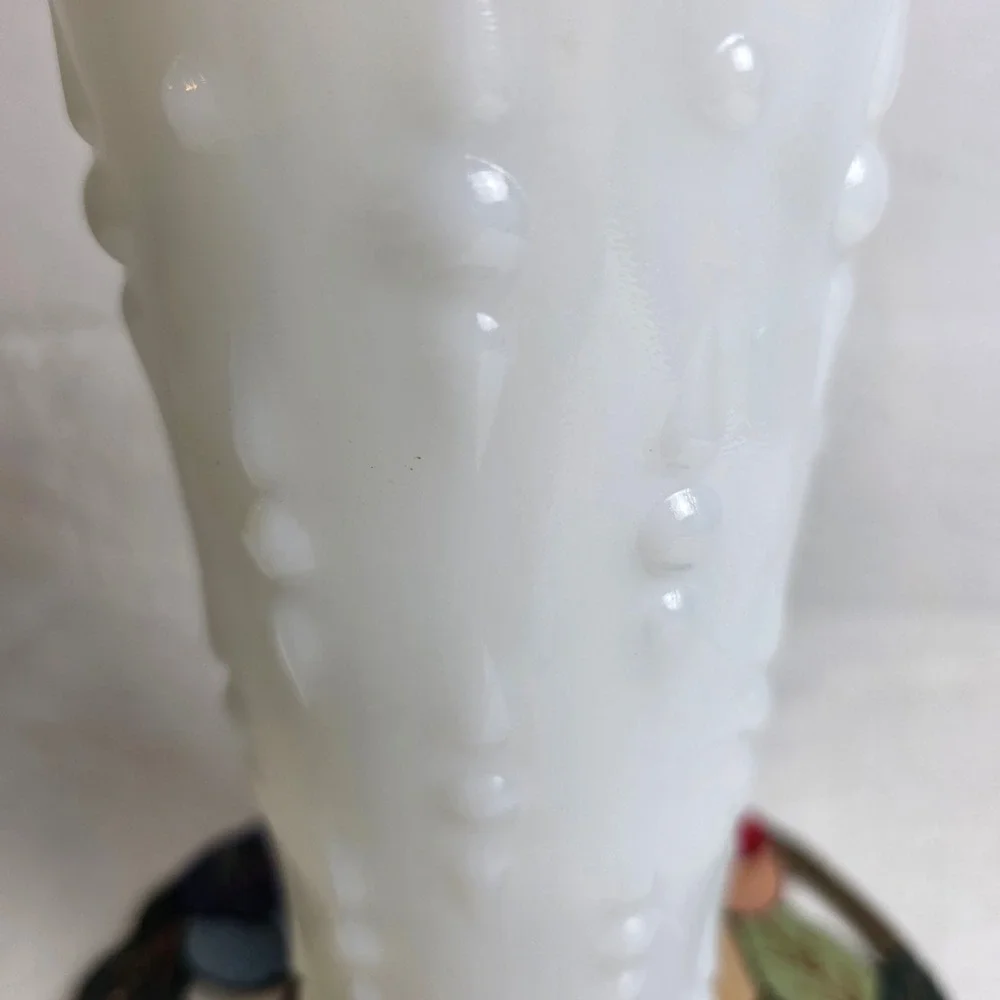 Vintage 50s White Milk Glass Hobnail Vase Scalloped Edge Style Mid Century